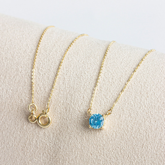 Double Hoop Blue Topaz Necklace 14K Solid Gold, Round December Minimalist Jewelry