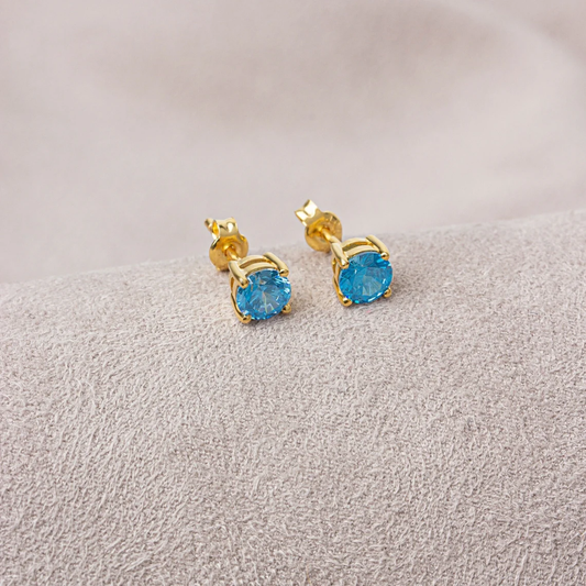 Round Blue Topaz Stud Earrings 14K Solid Gold, December Birthstone