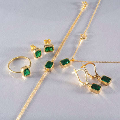 Emerald Rectangle Bezel Necklace 14K Solid Gold, May Birthstone Pendant