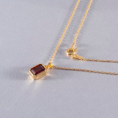 Garnet Rectangle Bezel Necklace 14K Solid Gold, January Birthstone Pendant