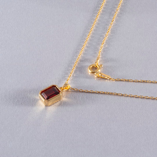 Garnet Rectangle Bezel Necklace 14K Solid Gold, January Birthstone Pendant