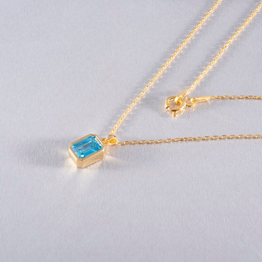 Blue Topaz Rectangle Bezel Necklace 14K Solid Gold, December Birthstone Pendant