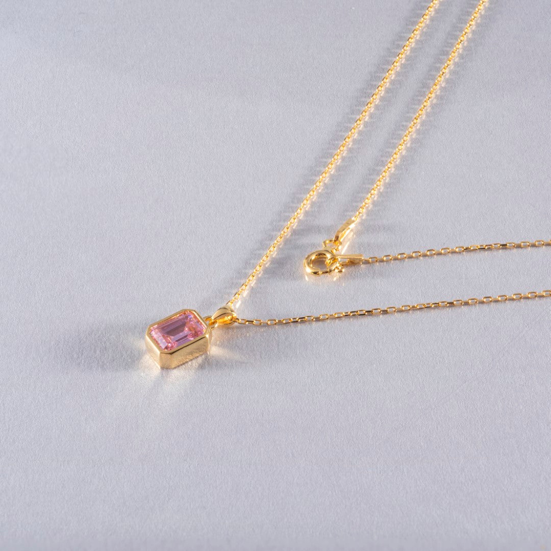 Pink Tourmaline Rectangle Bezel Necklace 14K Solid Gold, October Birthstone Pendant