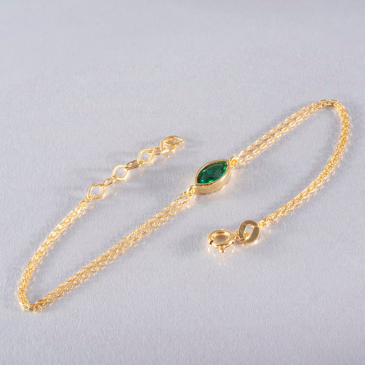 Bezel Marquise Cut Emerald Bracelet 14K Solid Gold, May Birthstone Jewelry