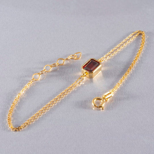 Garnet Rectangle Bracelet 14K Solid Gold, January Birthstone Baguette Jewelry