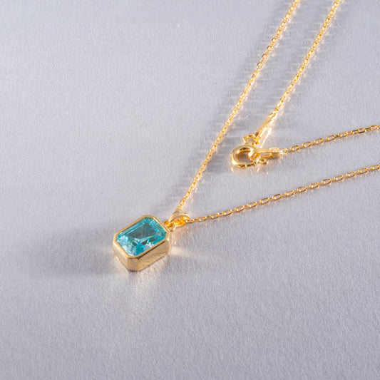 Aquamarine Rectangle Bezel Necklace 14K Solid Gold, March Birthstone Pendant