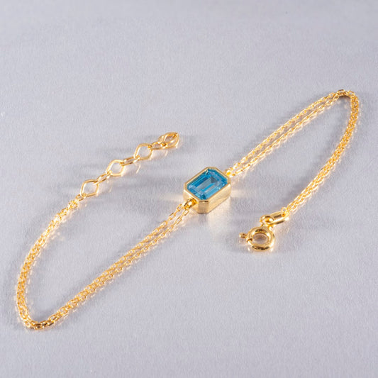 Blue Topaz Rectangle Bracelet 14K Solid Gold, December Birthstone Baguette Jewelry