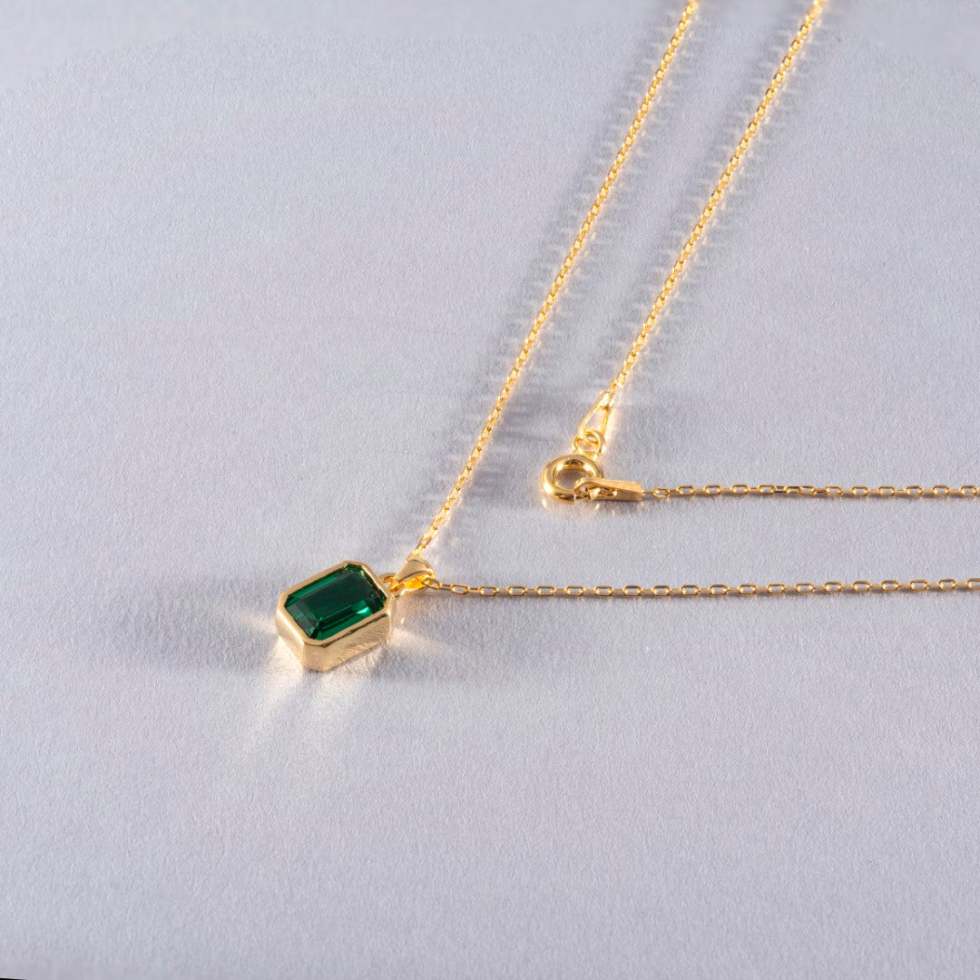 Emerald Rectangle Bezel Necklace 14K Solid Gold, May Birthstone Pendant