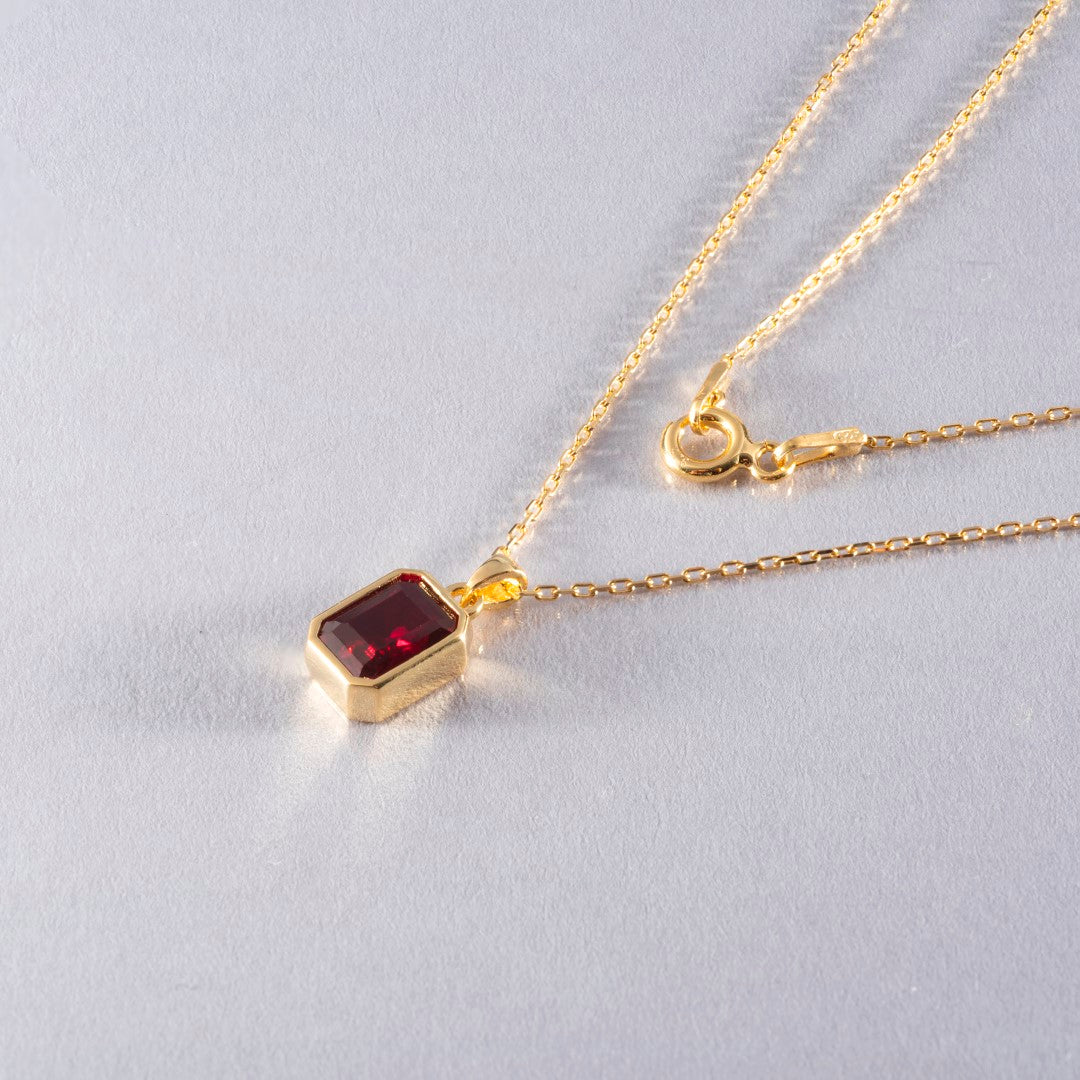 Ruby Rectangle Bezel Necklace 14K Solid Gold, July Birthstone Pendant