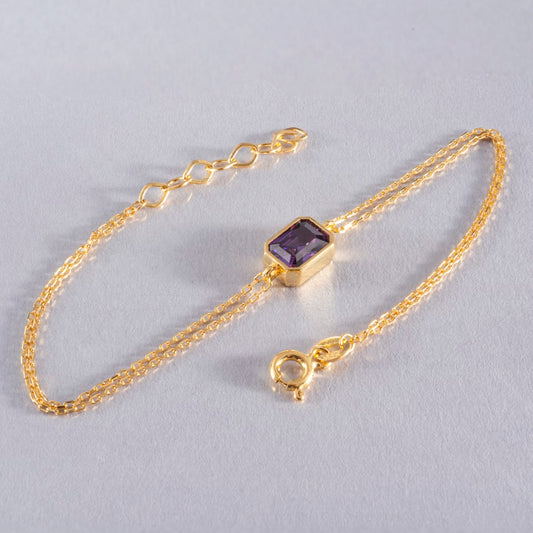 Amethyst Rectangle Bracelet 14K Solid Gold, February Birthstone Baguette Jewelry