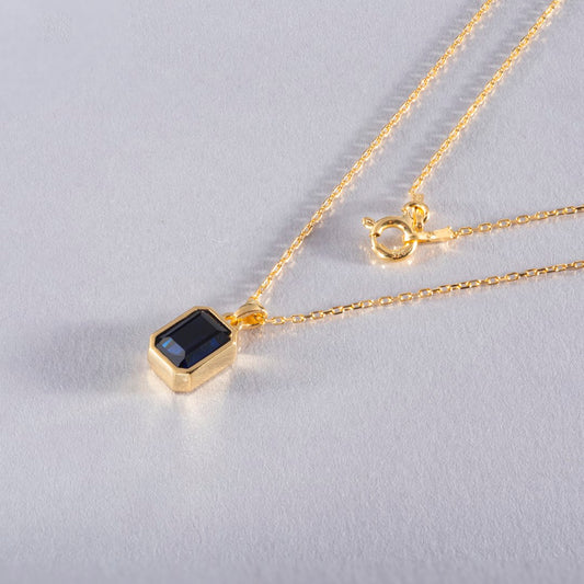 Sapphire Rectangle Bezel Necklace 14K Solid Gold, September Birthstone Pendant