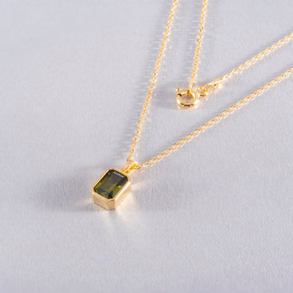 Peridot Rectangle Bezel Necklace 14K Solid Gold, August Birthstone Pendant