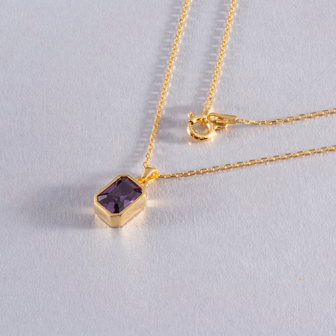 Amethyst Rectangle Bezel Necklace 14K Solid Gold, February Birthstone Pendant