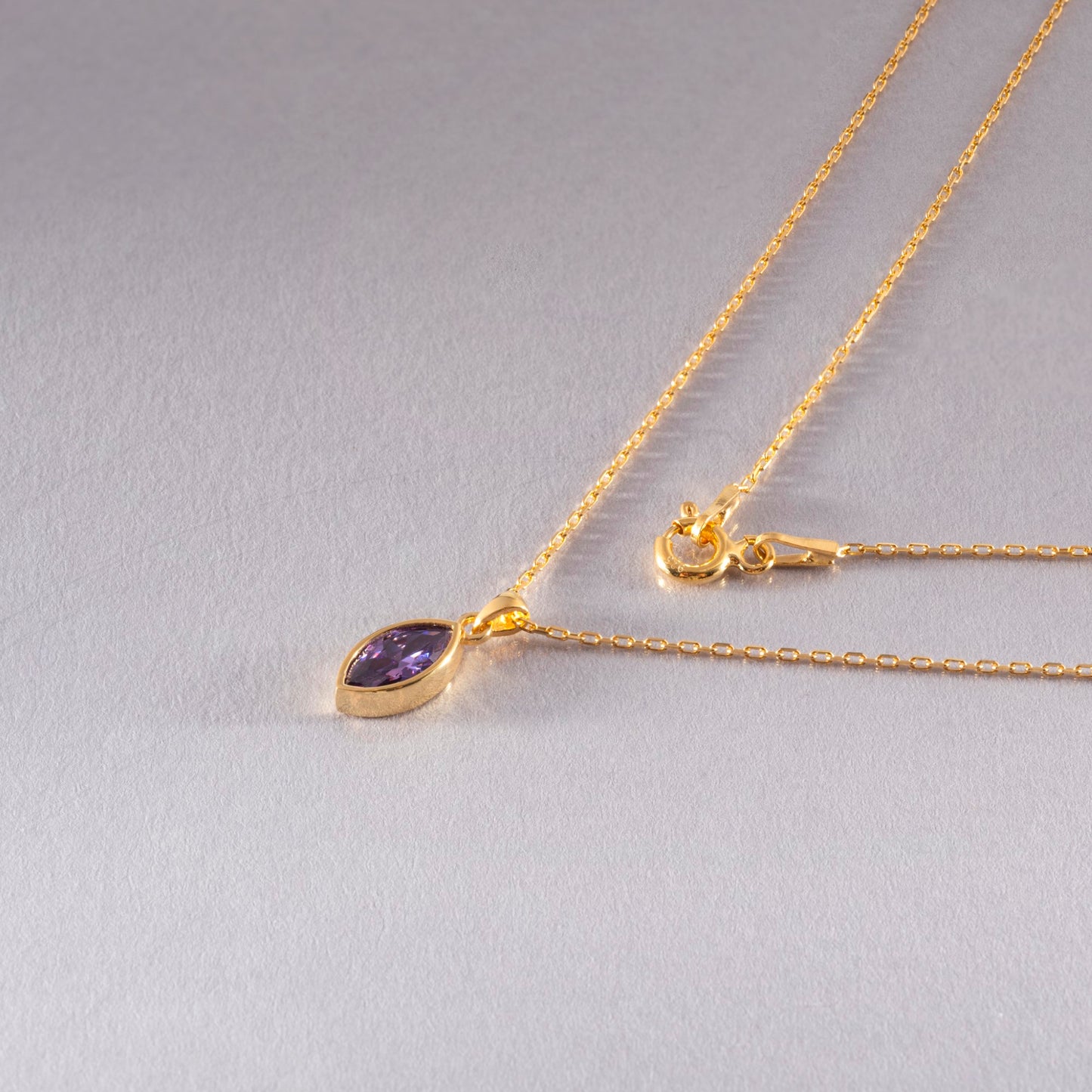 Marquise Cut Amethyst Bezel Necklace 14K Solid Gold, February Birthstone Pendant