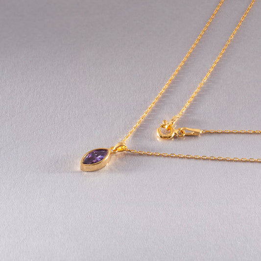 Marquise Cut Amethyst Bezel Necklace 14K Solid Gold, February Birthstone Pendant