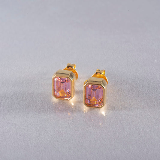 Rectangle Pink Tourmaline Stud Earrings in 14K Solid Gold, October Birthstone Baguette Cut Jewelry