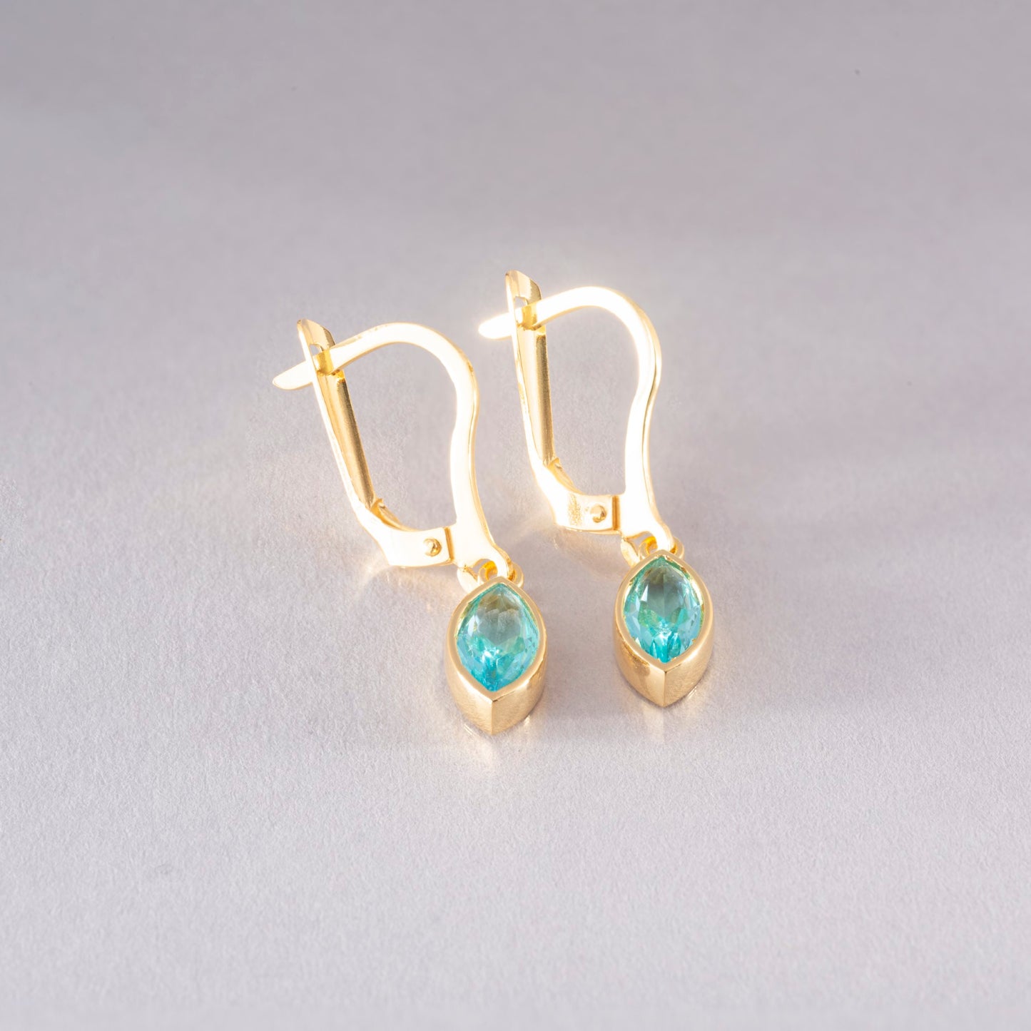 Aquamarine Dangle Earrings Bezel Marquise Cut in 14K Solid Gold, March Birthstone Jewelry