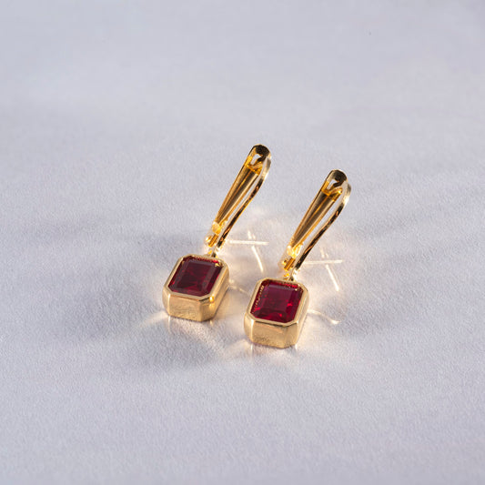 Rectangle Ruby Dangling Earrings in 14K Solid Gold, July Birthstone Baguette Cut Jewelry