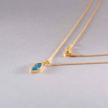 Marquise Cut Blue Topaz Bezel Necklace 14K Solid Gold, December Birthstone Pendant