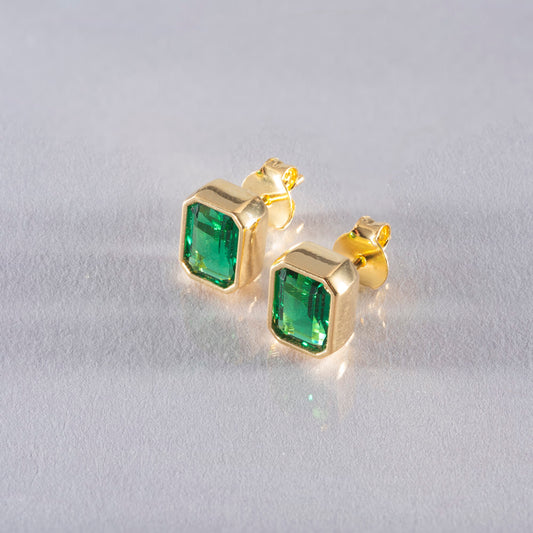 Rectangle Emerald Stud Earrings in 14K Solid Gold, May Birthstone Baguette Cut Jewelry