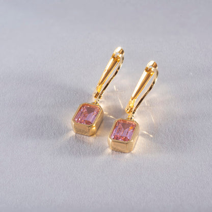 Rectangle Pink Tourmaline Dangling Earrings in 14K Solid Gold, October Birthstone Baguette Cut Jewelry