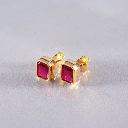 Rectangle Ruby Stud Earrings in 14K Solid Gold, July Birthstone Baguette Cut Jewelry