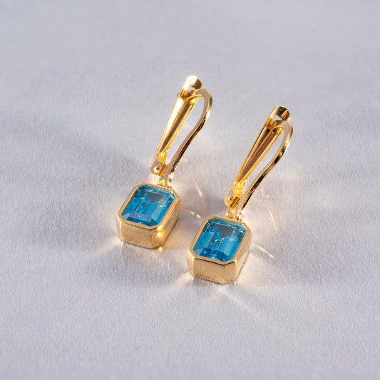 Rectangle Blue Topaz Dangling Earrings in 14K Solid Gold, December Birthstone Baguette Cut Jewelry