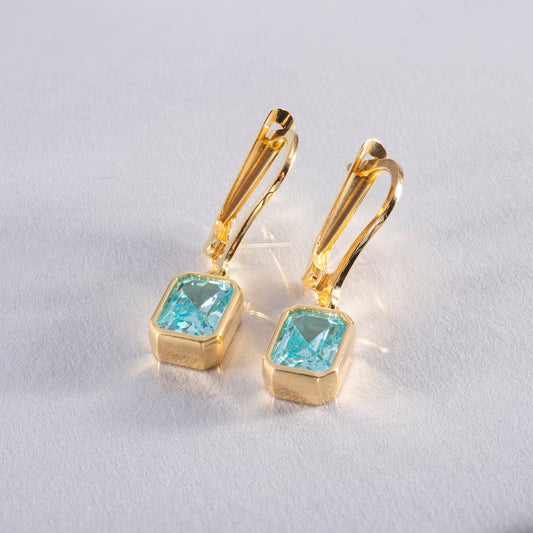 Rectangle Aquamarine Dangling Earrings in 14K Solid Gold, March Birthstone Baguette Cut Jewelry