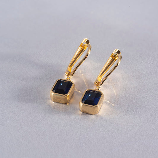 Rectangle Sapphire Dangling Earrings in 14K Solid Gold, September Birthstone Baguette Cut Jewelry