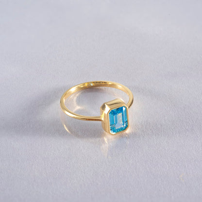 Blue Topaz Rectangle Ring 14K Solid Gold, December Birthstone, Baguette Cut Design