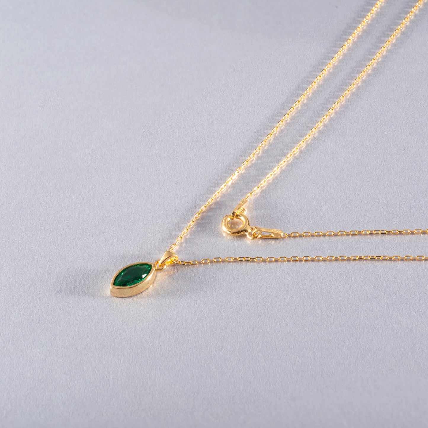 Marquise Cut Emerald Bezel Necklace 14K Solid Gold, May Birthstone Pendant