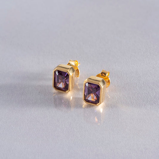 Rectangle Amethyst Stud Earrings in 14K Solid Gold, February Birthstone Baguette Cut Jewelry