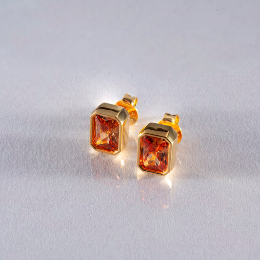 Rectangle Citrine Stud Earrings in 14K Solid Gold, November Birthstone Baguette Cut Jewelry