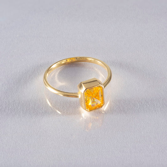 Yellow Topaz Rectangle Ring 14K Solid Gold, Baguette Cut Design Birthstone