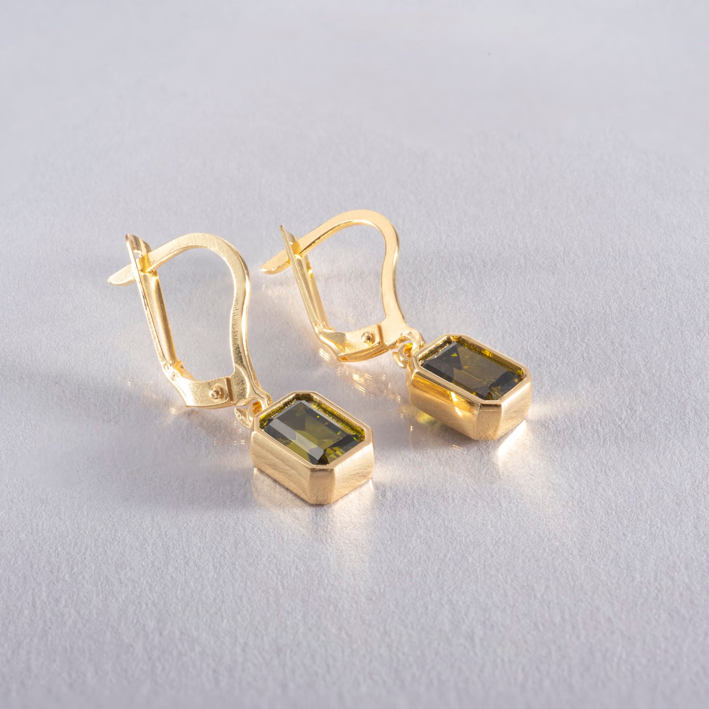 Rectangle Peridot Dangling Earrings in 14K Solid Gold, August Birthstone Baguette Cut Jewelry