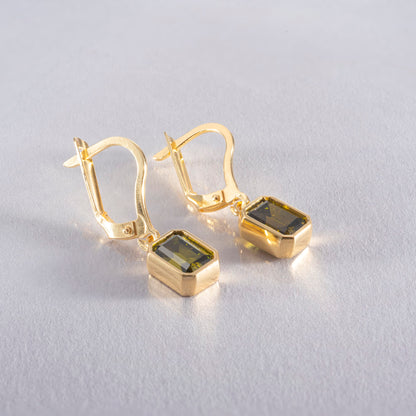 Rectangle Peridot Dangling Earrings in 14K Solid Gold, August Birthstone Baguette Cut Jewelry