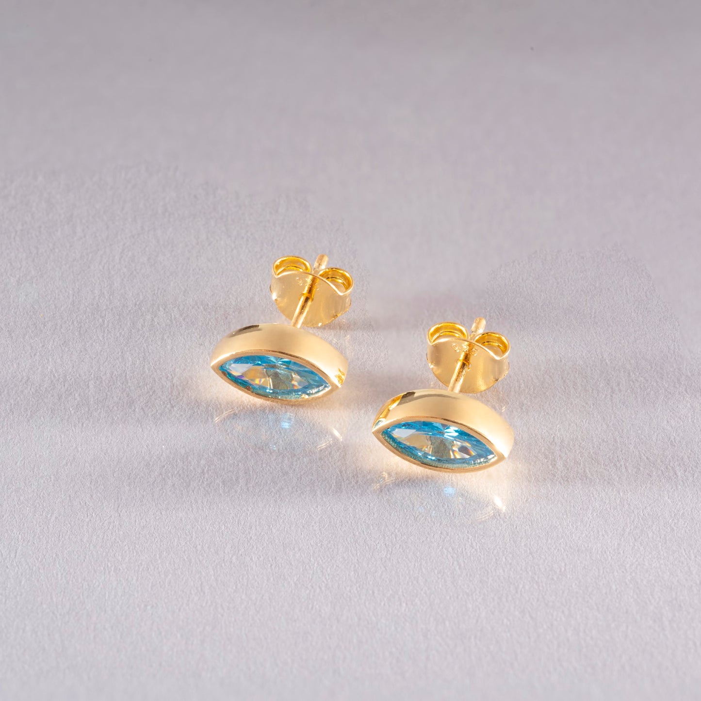 Blue Topaz Stud Earrings Bezel Marquise Cut in 14K Solid Gold, December Birthstone Jewelry