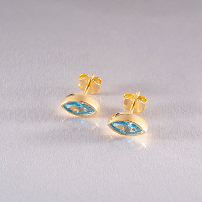 Blue Topaz Stud Earrings Bezel Marquise Cut in 14K Solid Gold, December Birthstone Jewelry