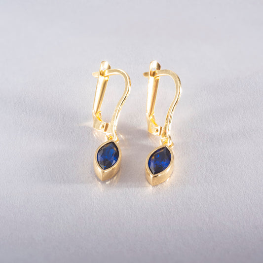 Sapphire Dangle Earrings Bezel Marquise Cut in 14K Solid Gold, September Birthstone Jewelry