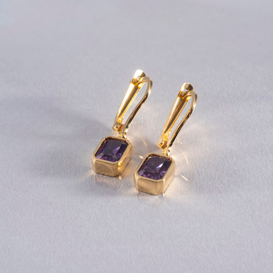 Rectangle Amethyst Dangling Earrings in 14K Solid Gold, February Birthstone Baguette Cut Jewelry