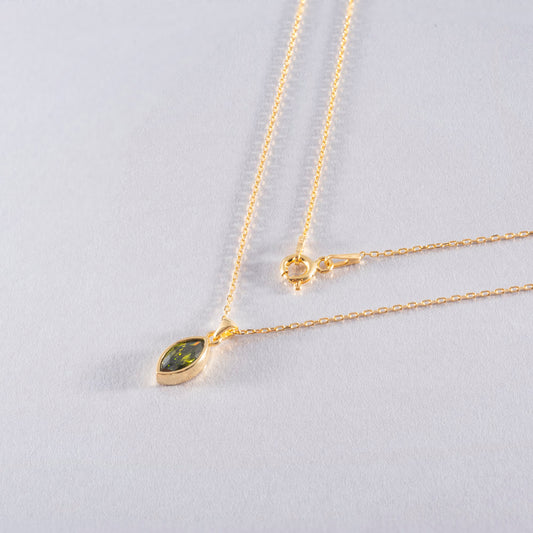 Marquise Cut Peridot Bezel Necklace 14K Solid Gold, August Birthstone Pendant