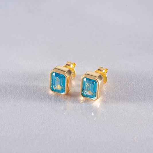 Rectangle Blue Topaz Stud Earrings in 14K Solid Gold, December Birthstone Baguette Cut Jewelry