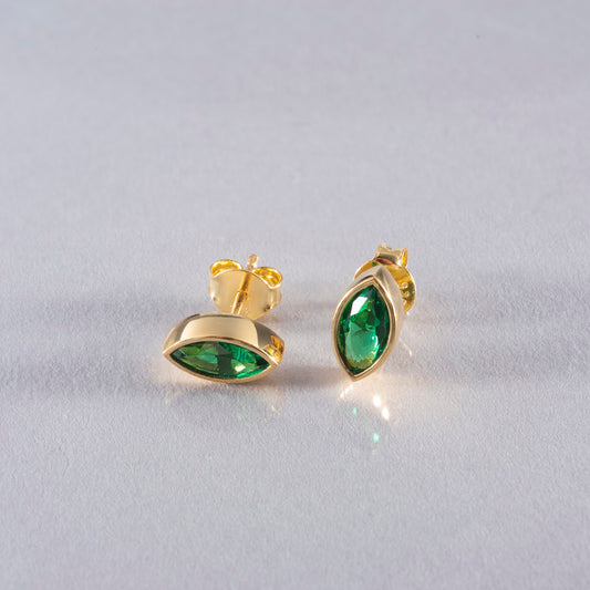 Emerald Stud Earrings Bezel Marquise Cut in 14K Solid Gold, May Birthstone Jewelry