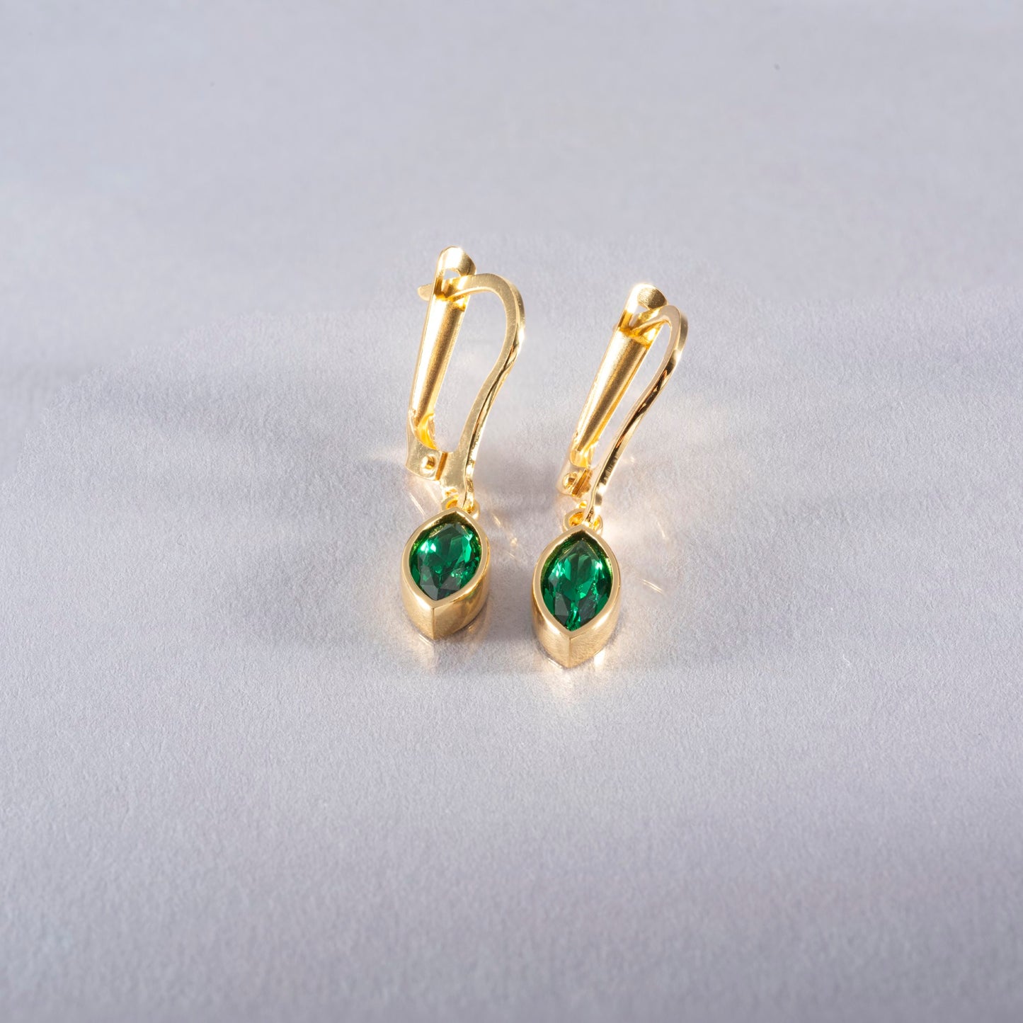 Emerald Dangle Earrings Bezel Marquise Cut in 14K Solid Gold, May Birthstone Jewelry