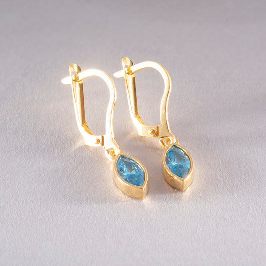 Blue Topaz Dangle Earrings Bezel Marquise Cut in 14K Solid Gold, December Birthstone Jewelry