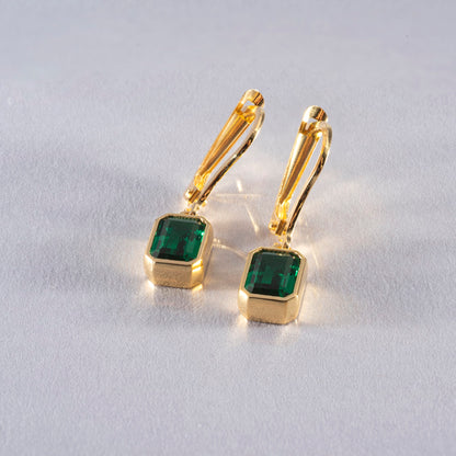 Rectangle Emerald Dangling Earrings in 14K Solid Gold, May Birthstone Baguette Cut Jewelry