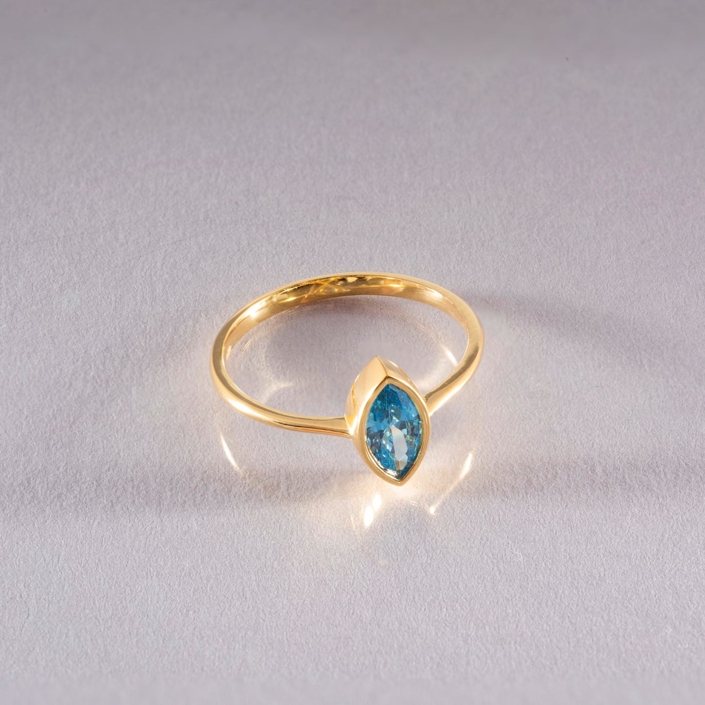 Blue Topaz Ring Bezel Marquise Cut in 14K Solid Gold, December Birthstone Jewelry