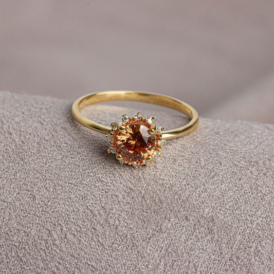 Round Citrine Ring with Real Diamond Around 14K Solid Gold, November Birthstone