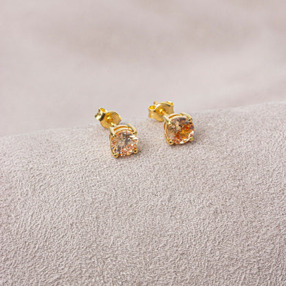 Round Citrine Stud Earrings 14K Solid Gold, November Birthstone