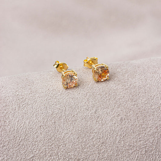 Round Citrine Stud Earrings 14K Solid Gold, November Birthstone